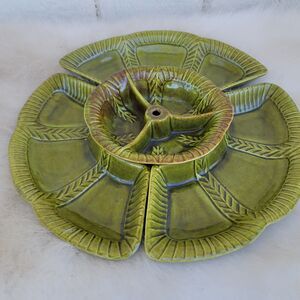 Vintage Green MCM California Pottery U.S.A 4 Pc Snack Tray Set Lazy Susan